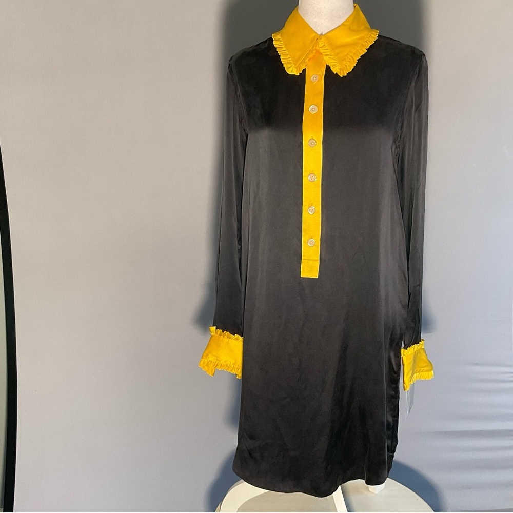 NWT Bill Blass 100% Silk Navy Shift Dress w/ Yellow Ruffle Collar – Size S - Picture 7 of 16